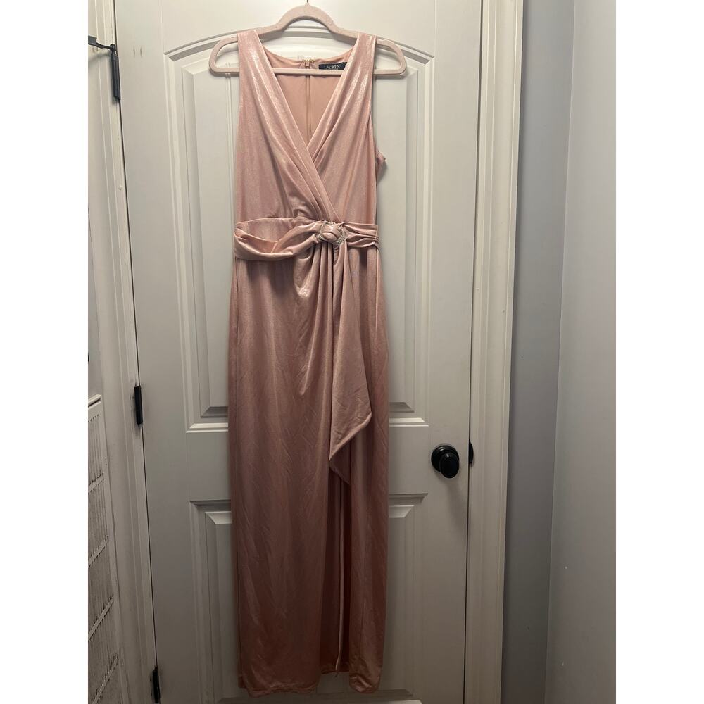 NWOT Lauren Ralph Lauren Women’s Wrap Gown Buckle Belted Slit Dress Sz 10 Pink